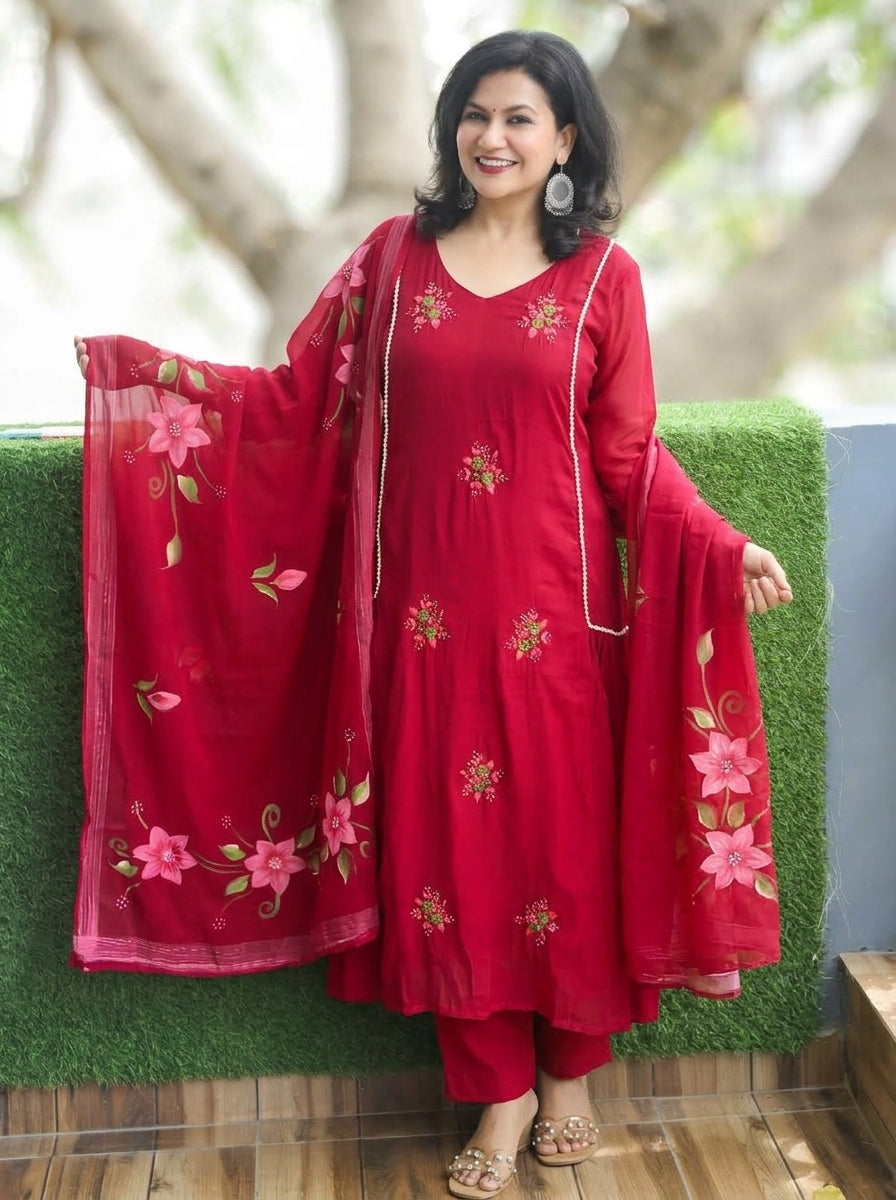Meher Cranberry Pink Moti Kardana Work Mul Chanderi 3 Piece Set