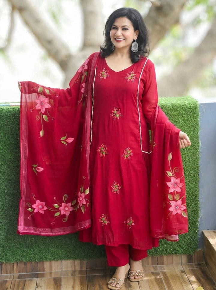 Meher Cranberry Pink Moti Kardana Work Mul Chanderi 3 Piece Set