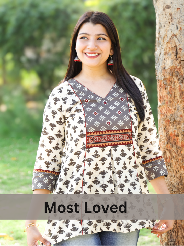 Madhvi Latte Beige with Dabu Printed Yoke with Mirror Work Short Cotton Kurti