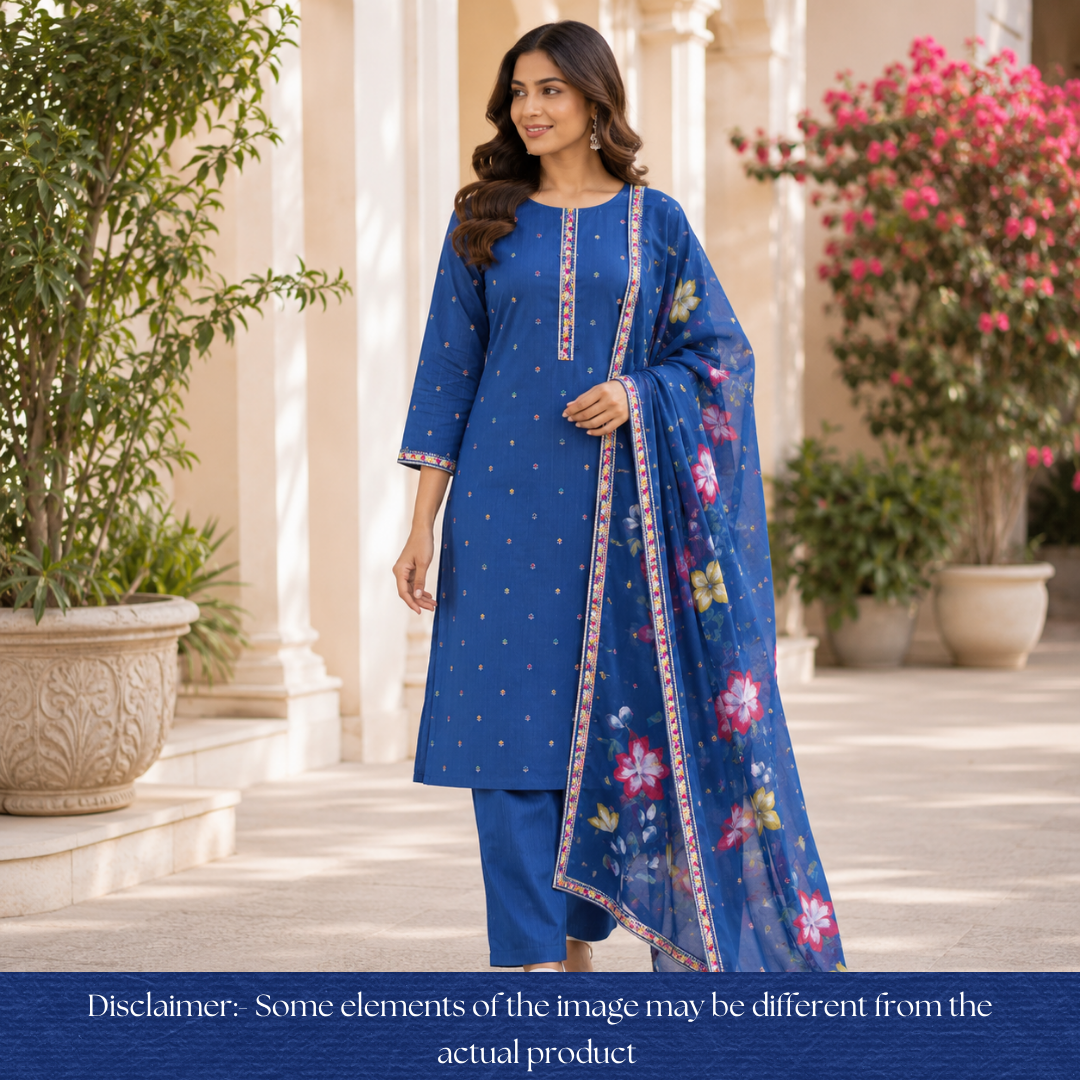 Rushna Royal Blue Thread Work Patch Floral Buti Print Cotton Set