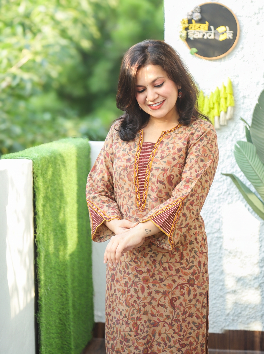 Samira Sand Beige Minimal Embroidery Kanni Print Semi Woolen Winter Kurti