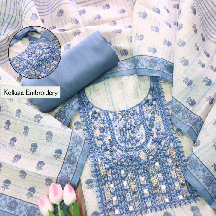 Radhi Greish Blue Kolkata Emnroidered Shimmer Tissue Linen Set