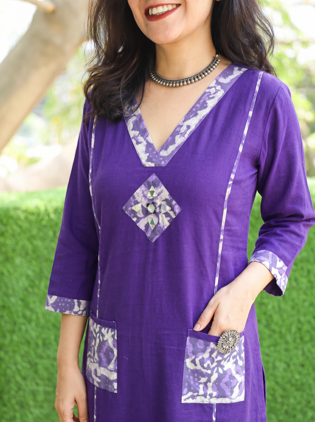 Rimjim Violet Purple Panel Style Dabu Cotton Kurti