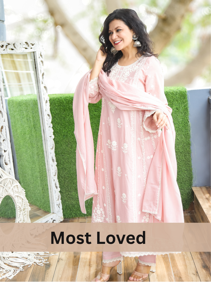 Lyra Pastel PInk Chikankari Anarkali Cotton 3 Piece Set