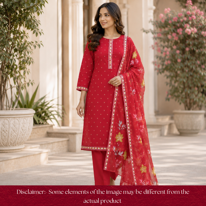 Rushna Bride Red Thread Work Patch Floral Buti Print Cotton Set