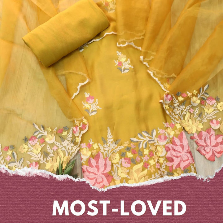Rivva Canary Yellow with Kashida Embroidered Hem Modal Suit Set