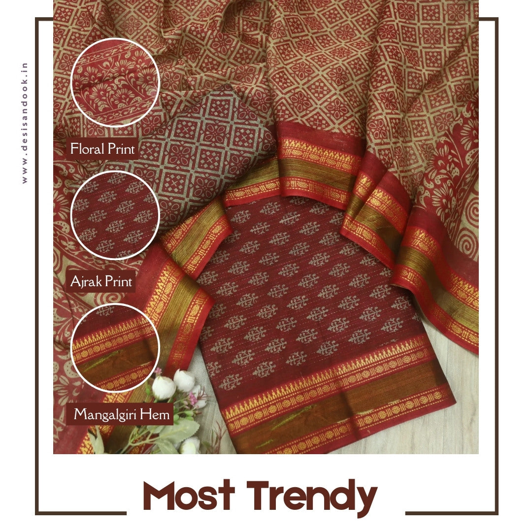 इश्कखुमारी Dark Maroon Printed Work With Mangalgiri Hem Cotton Set