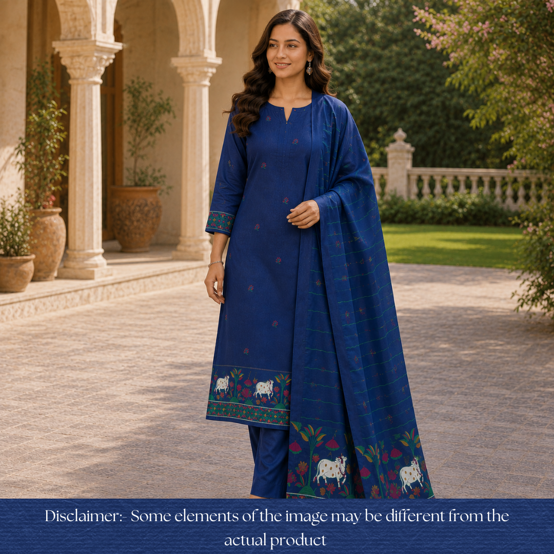Hamraavi Royal Blue Authentic Pichwai Jamdani Weaved Set