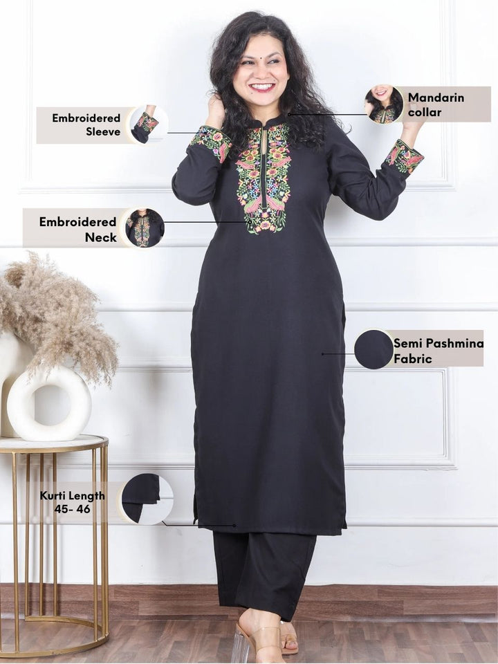 छाया Ebony Black Thread Embroidered Neck Semi Pashmina Winter Kurti