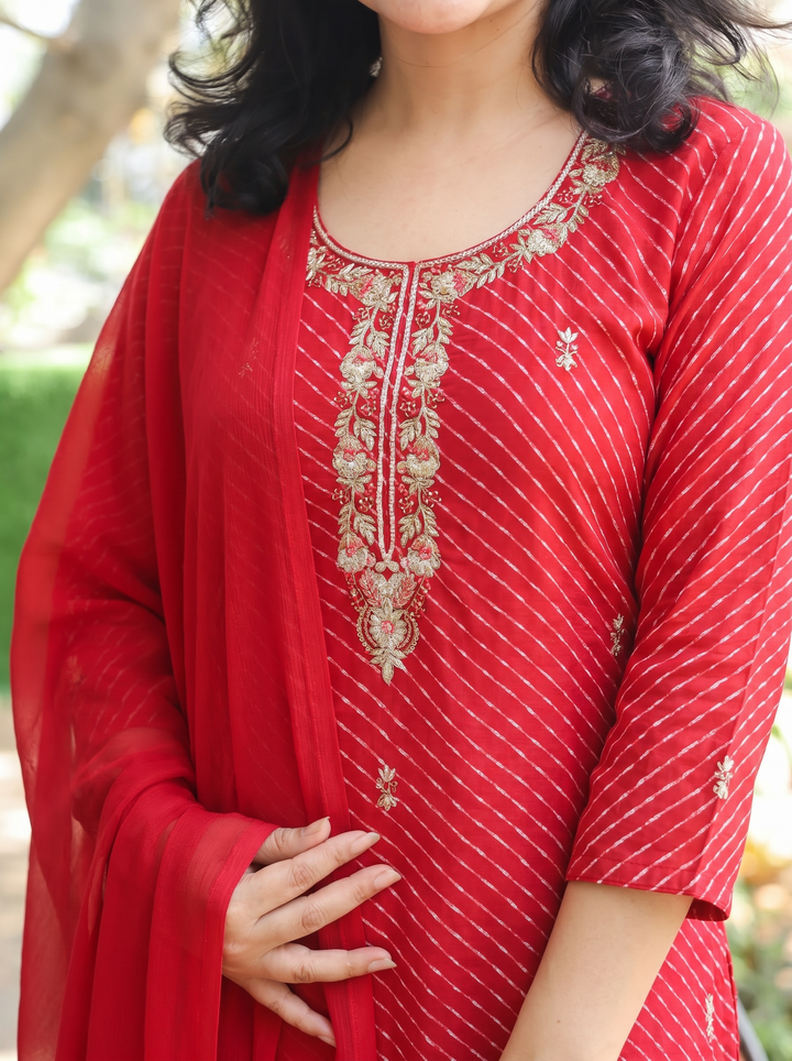 Leher Rani Red Embellished Leheriya Georgette 3 Piece Set