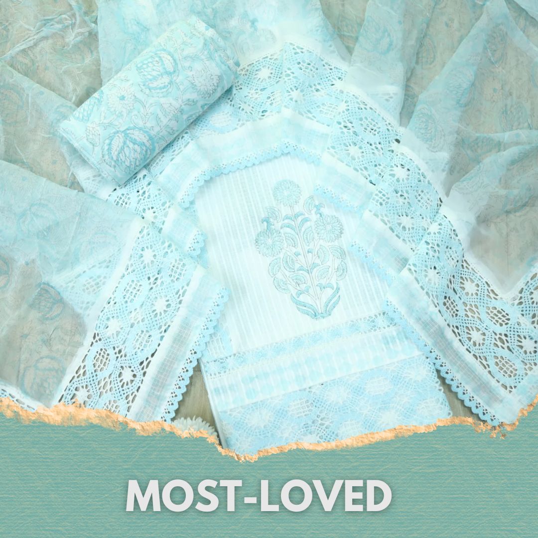 Sahiba Baby Blue Kota Doriya Top with Chiffon Hand Painted Dupatta Set
