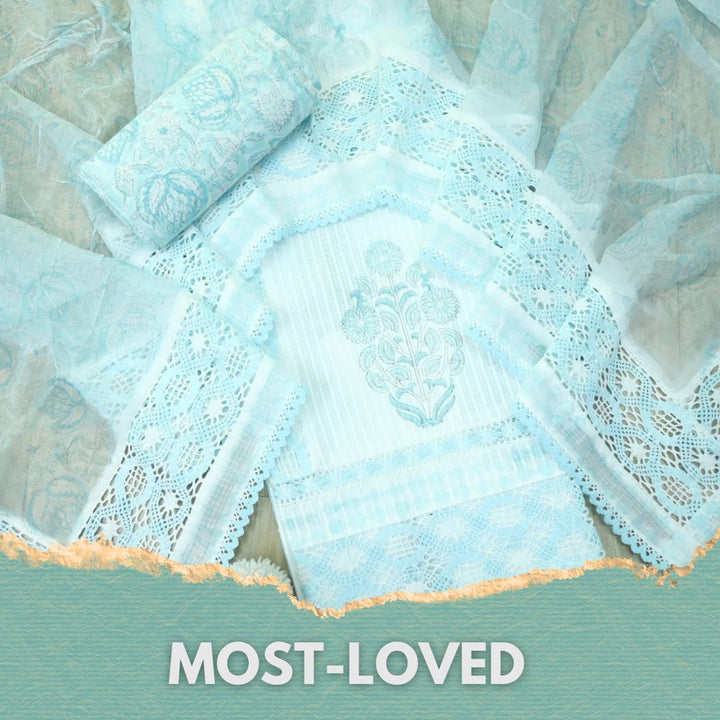 Sahiba Baby Blue Kota Doriya Top with Chiffon Hand Painted Dupatta Set