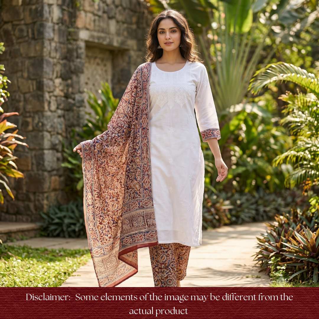 Khushi Beige Top with Maroon Kalamkari Printed Dupatta Set