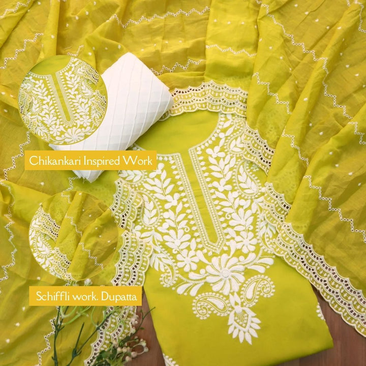Suroor Mustard Yellow Chikankari Inspired Neck Thread Work Cotton Suit Set