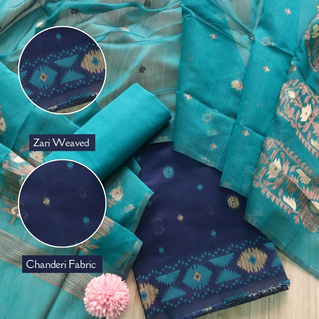 Khayal Royal Blue in Zari with Authentic Jamdani Top and Dupatta Suit Set