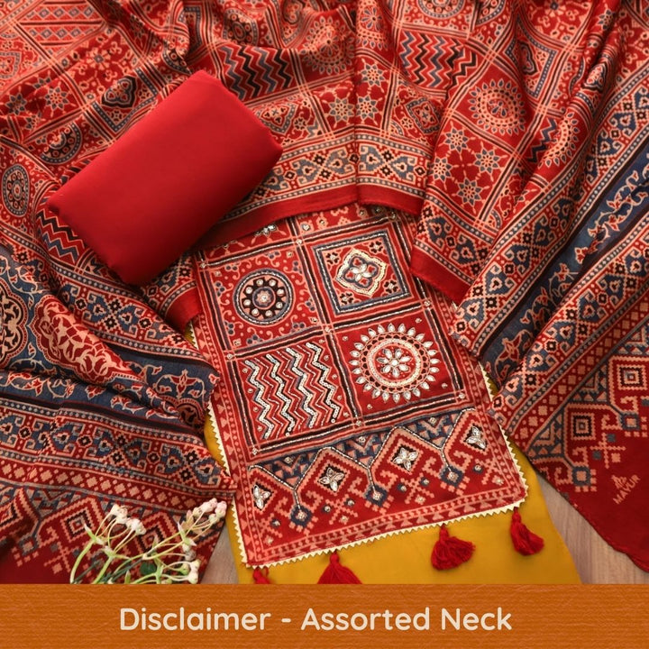 Malika Dijon Yellow with Mashru Print Patch Yoke Style Glazed Cotton Suit Set