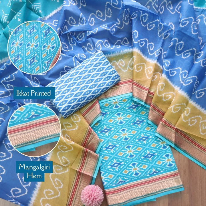 Kaasvi Aqua Blue Ikkat Printed Mangalgiri Hem Work Cotton Suit Set