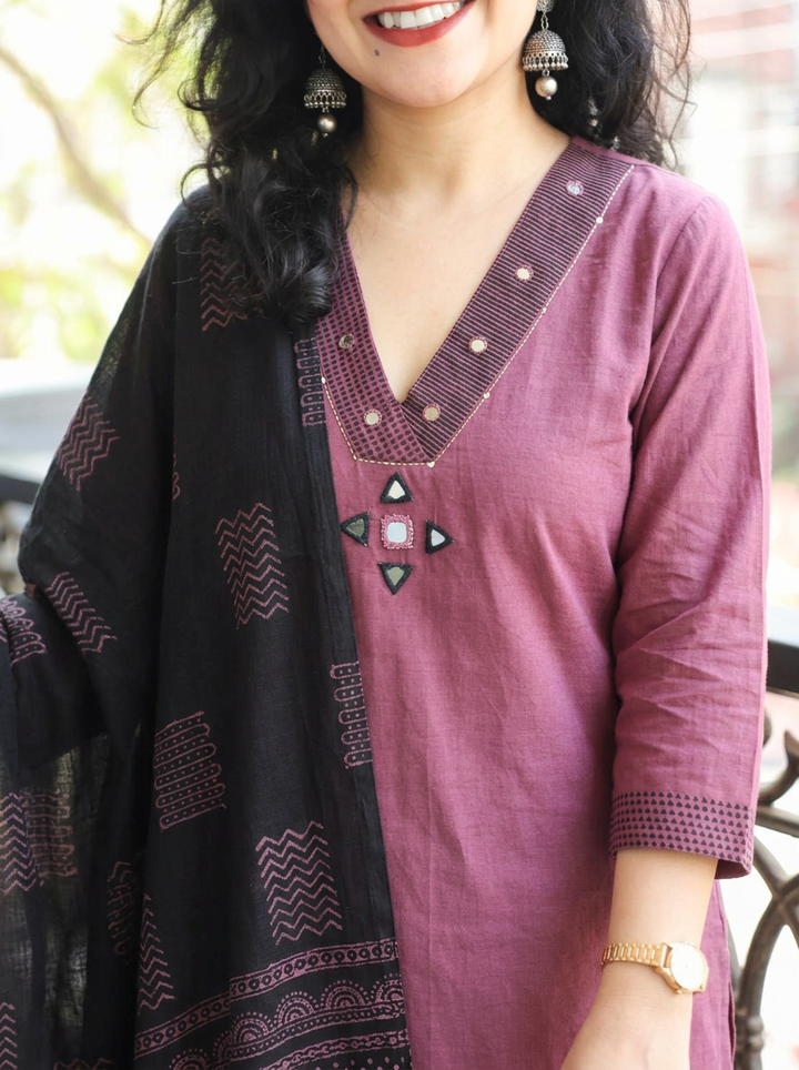 Sharmili Rose Mauve Mirror Handloom Cotton 3 Piece Set