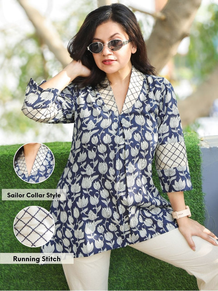 Bani Navy Blue Sailor Collar Neck Floral Printed Work Short Cotton Kurti