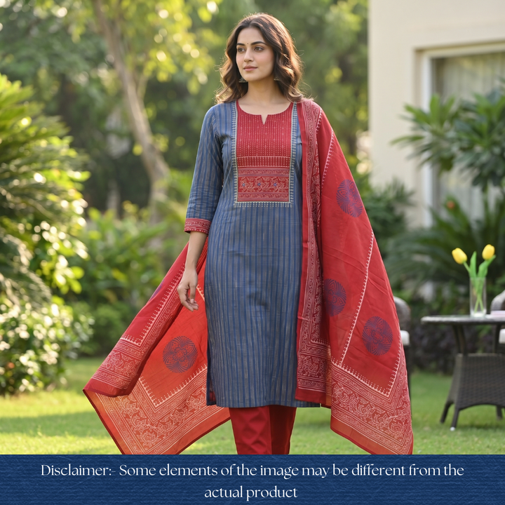 Bansi Denim Blue Batik Printed Yoke in Weaved Cotton Set