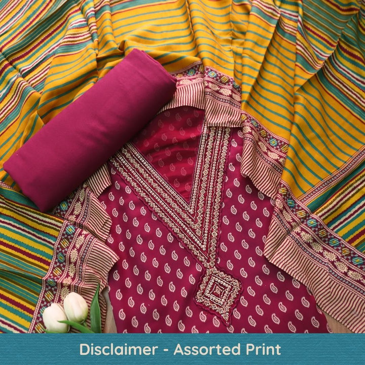 सरवरी Magenta Purple Embellished V Neckline Foil Work Semi Pashmina Winter Set