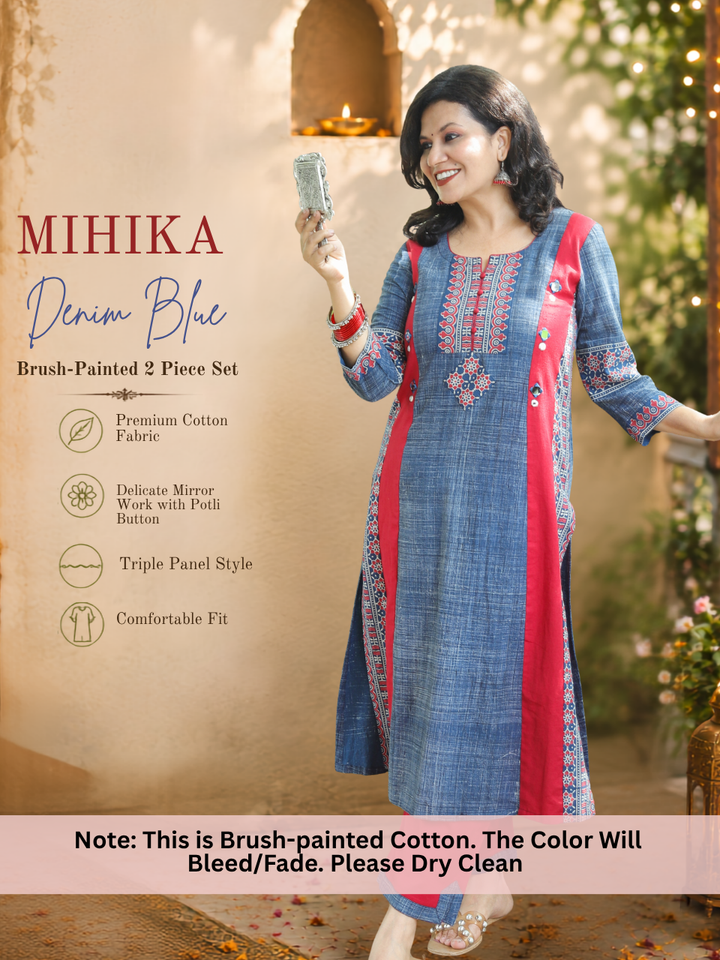 Mihika Denim Blue Triple Panel Brush Print 2 Piece Set