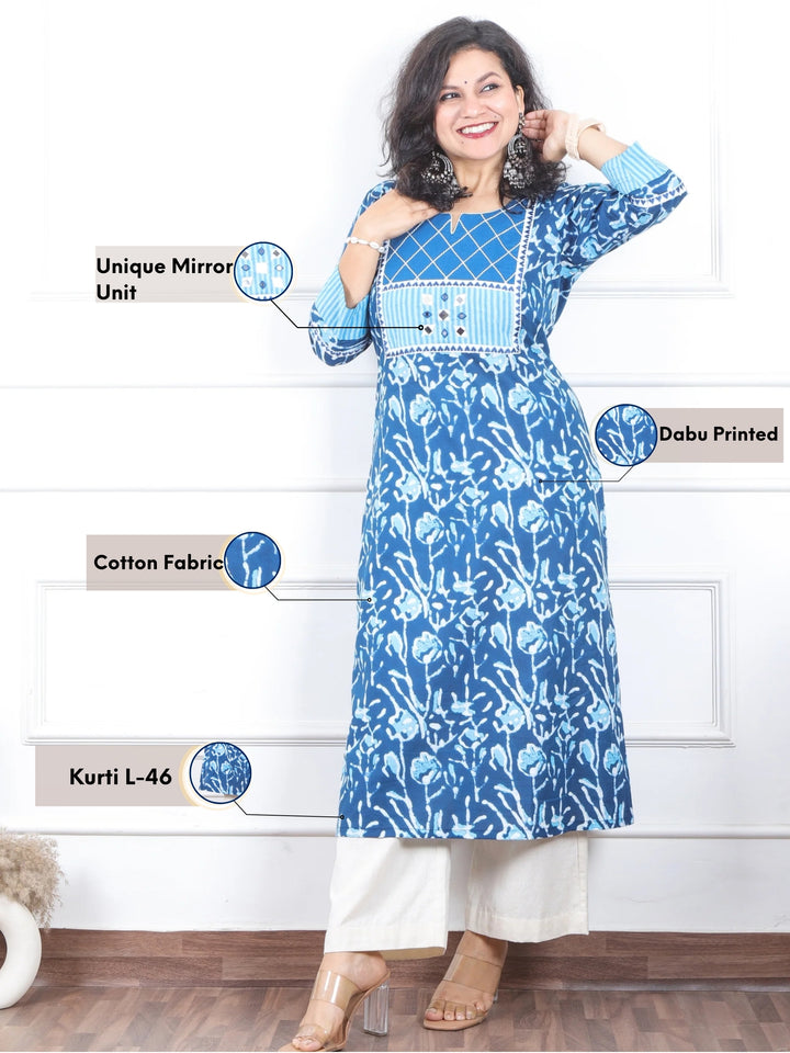 Shaniya Caribbean Blue Mirror Patch Work in Dabu Printed Cotton Kurti-D2