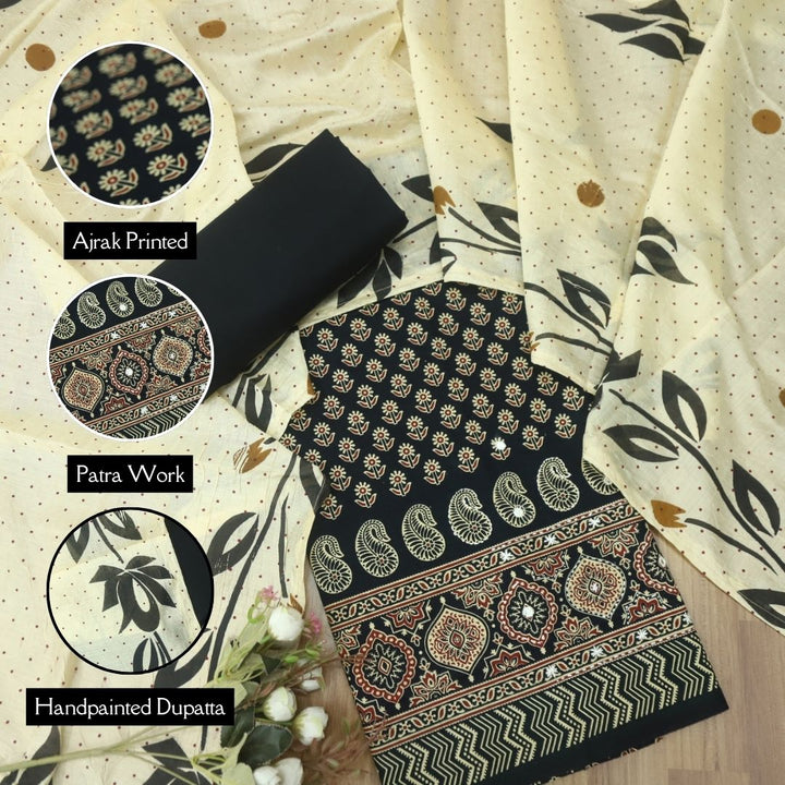 Aayena Ebony Black Patra Detailing in Ajrak Printed Cotton Suit Set D1