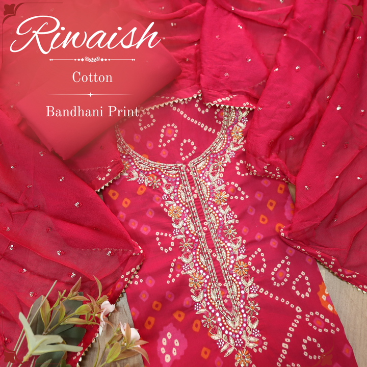 Riwaish Rani Pink  Embellish Neck Work Bandhani Print Cotton Set