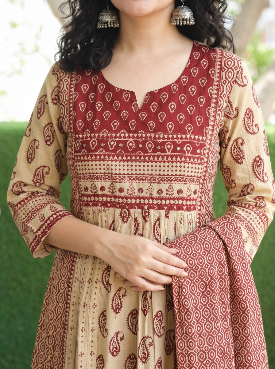 Parineeti Beige Red Panel Style Cotton 3 Piece Set