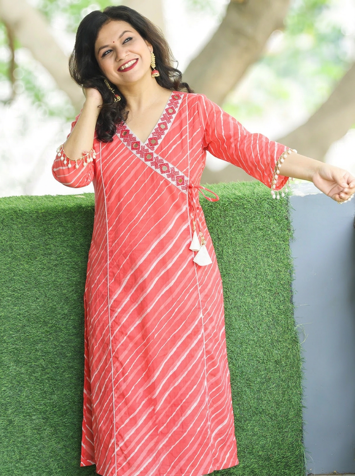 Lehar Rose Pink Panel Style Leheriye Cotton Kurti