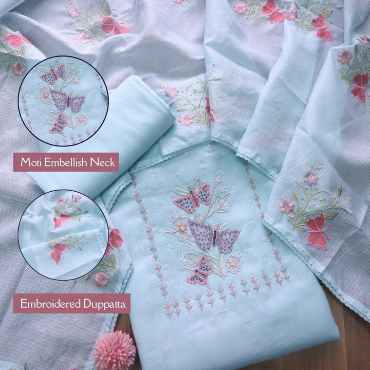Ranjha Powder Blue Moti Embellish Neck Work Kota Doriya Suit Set