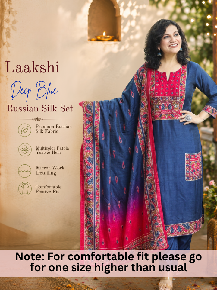 Laakshi Deep Blue Mirror Work Russian Silk 3 Piece Set