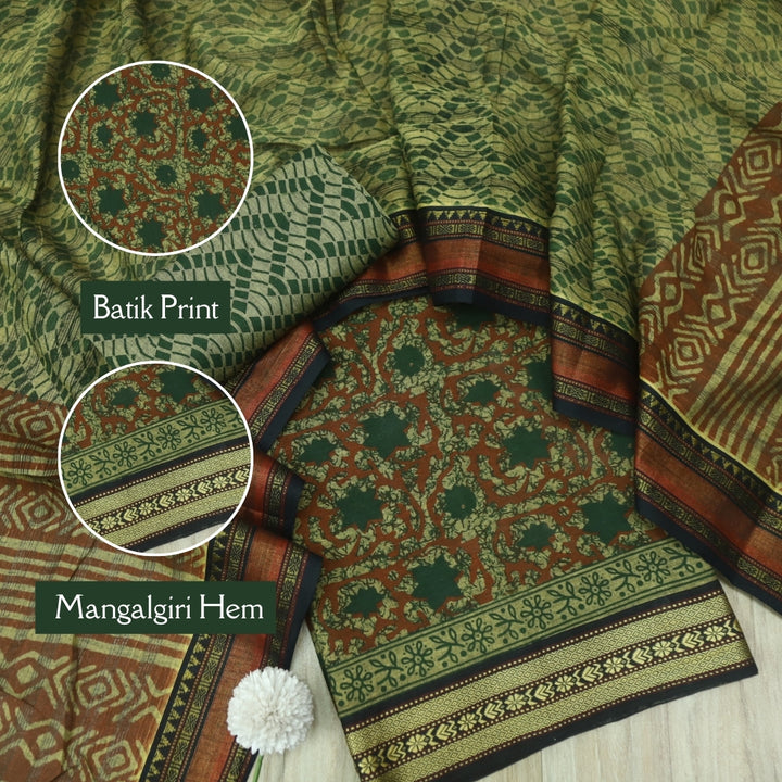 जीनत Pine Green Floral Printed Mangalgiri Hem Work Cotton Suit Set