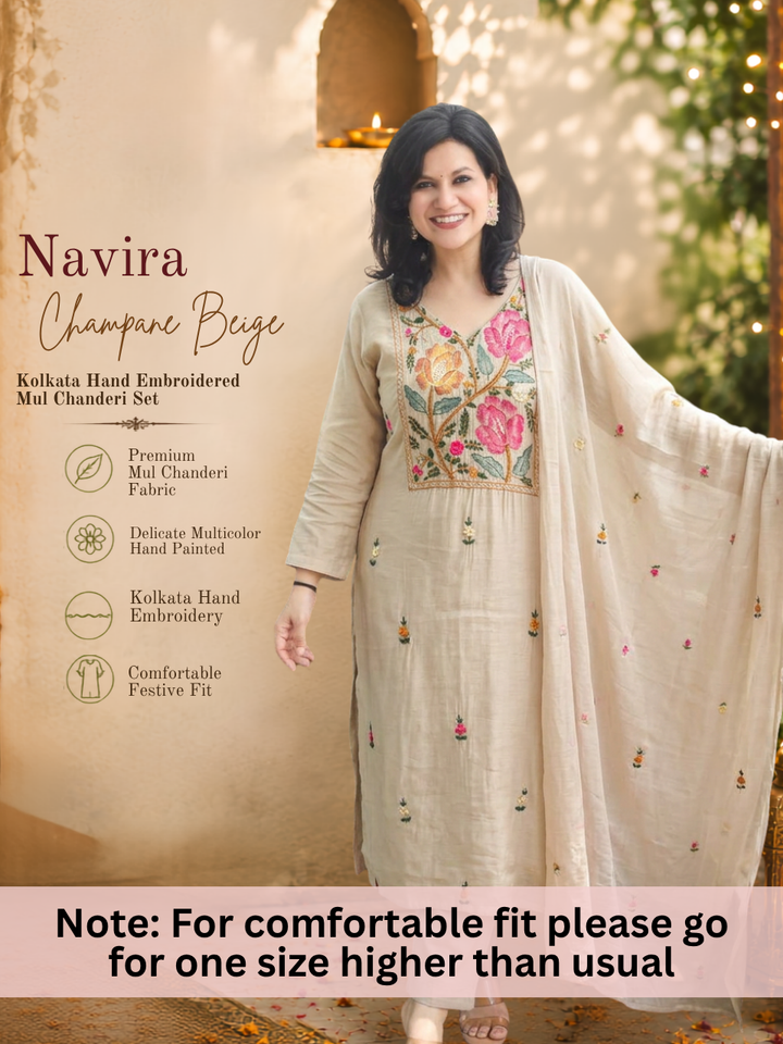 Navira Champane Beige Kolkata Hand Embroidered 3 Piece Set