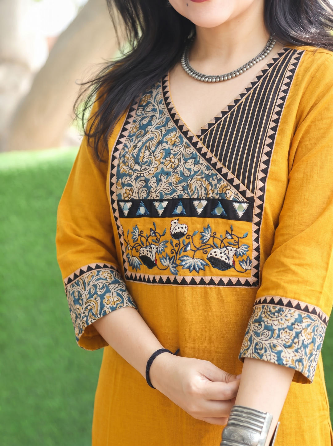 Sayami Yellow Kalamkari Angrakha Cotton Kurti