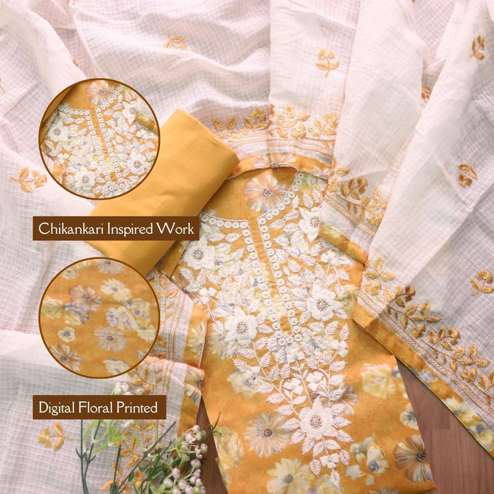 Apurav Peanut Yellow Chikankari Inspired Neck Work Floral Print Cotton Suit Set