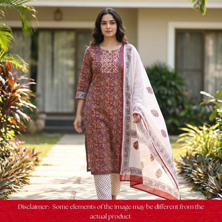 Nushrat Bride Red Kalamkari Printed Applique Cotton Set