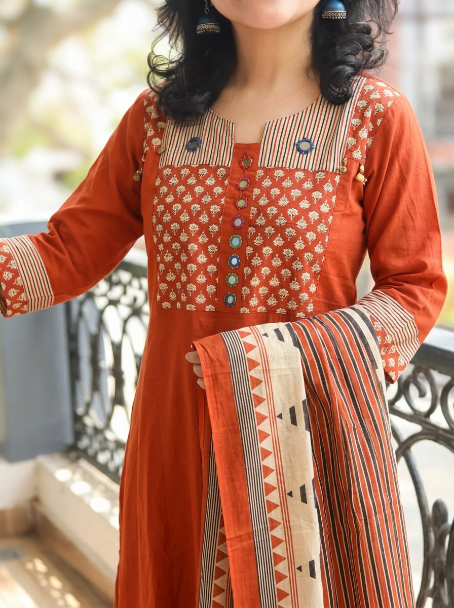 Jessica Rust Orange Mirror Yoke Cotton 3 Piece Set