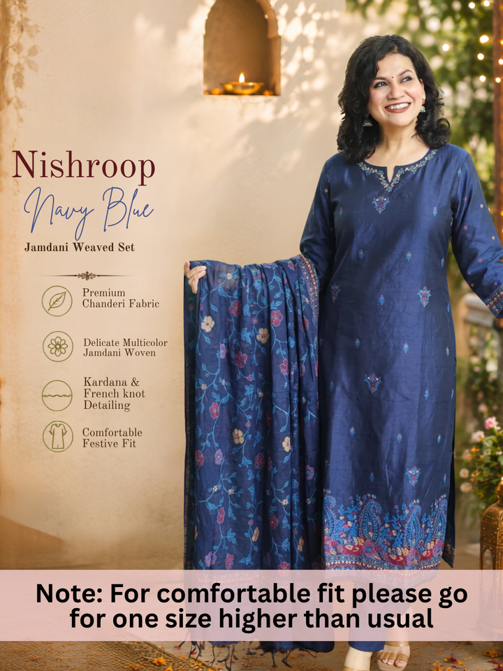 Nishroop Navy Blue Floral Weaved Jamdani 3 Piece Set
