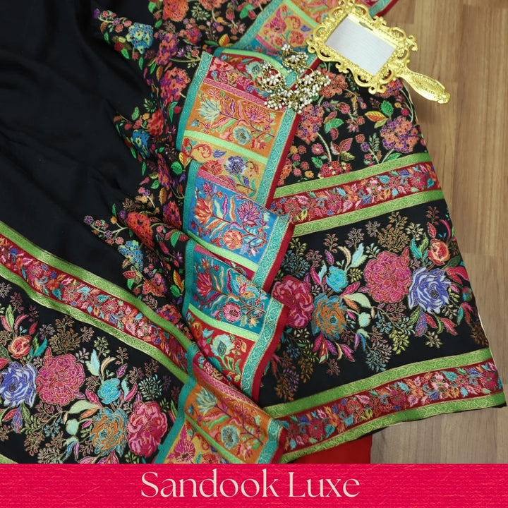 Saraayah Black Luxe Pochampally Print in Pogishan Jacquard Weaved Gajji Silk Set