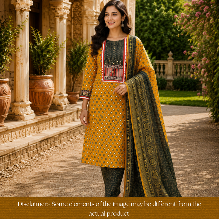 Saheli Dijon Yellow Kutch Mirror Yoke Lotus Print Cotton Set
