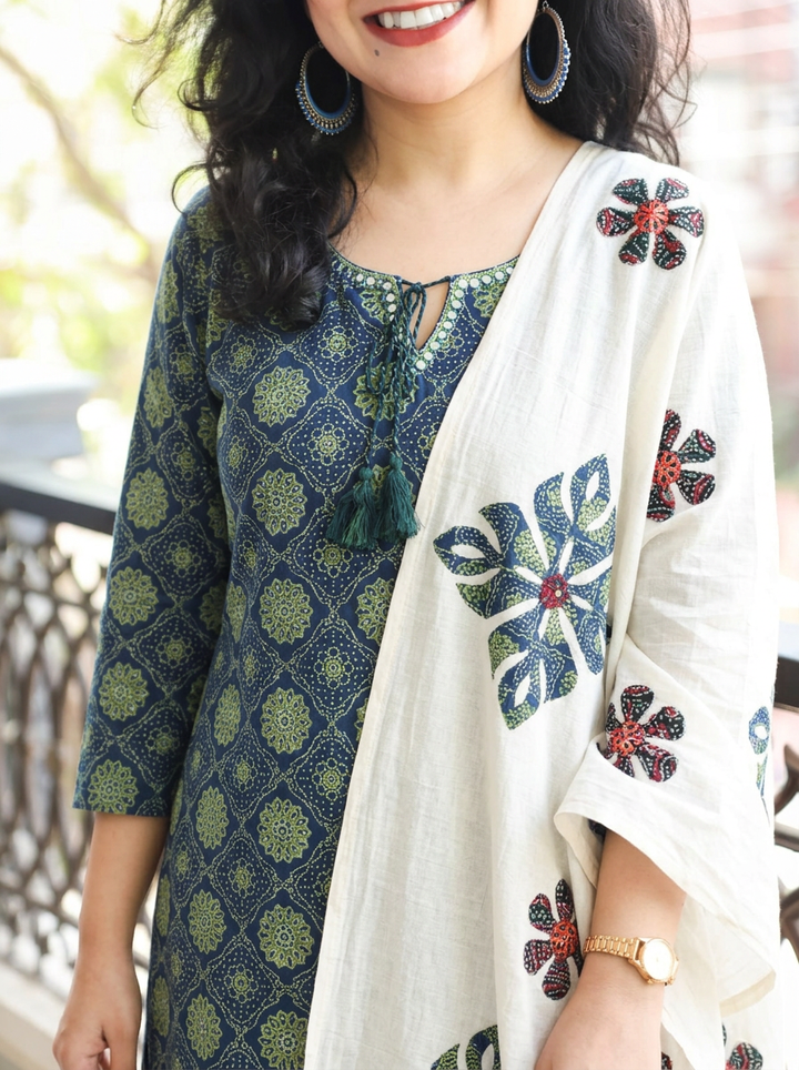 Jessica Cerulean Blue Ajrak Print Cotton 3 Piece Set