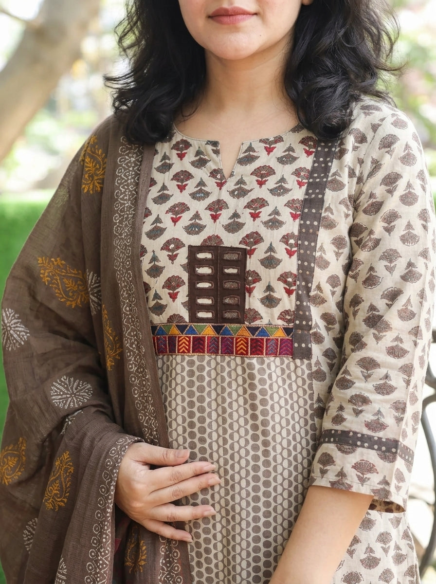 Aishwarya Hazel Beige Panel Style Dabu Printed 3 Piece Set