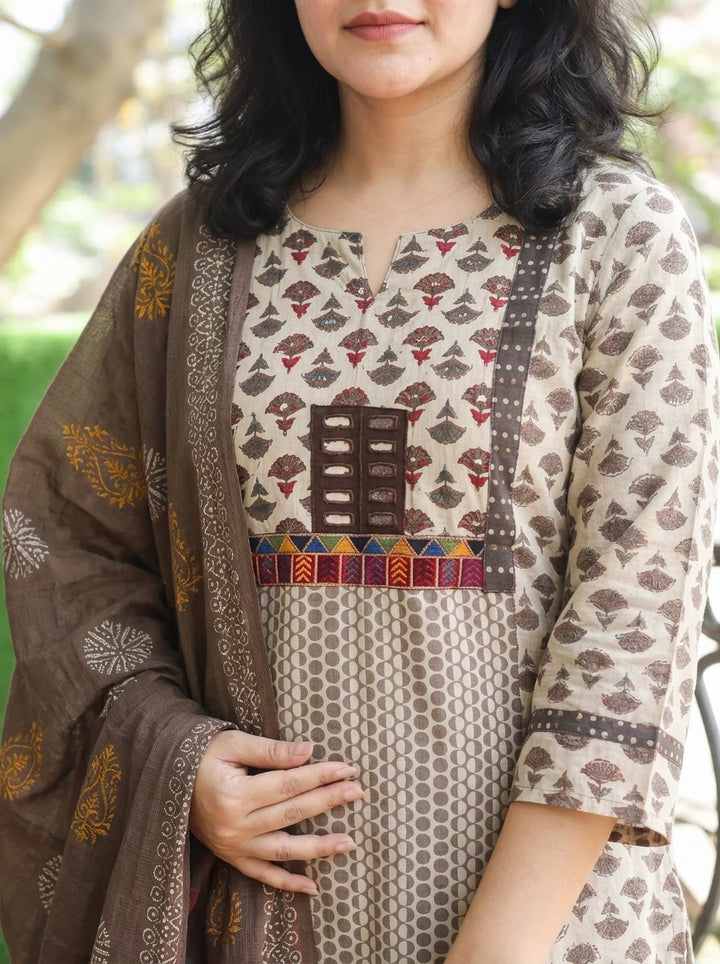 Aishwarya Hazel Beige Panel Style Dabu Printed 3 Piece Set