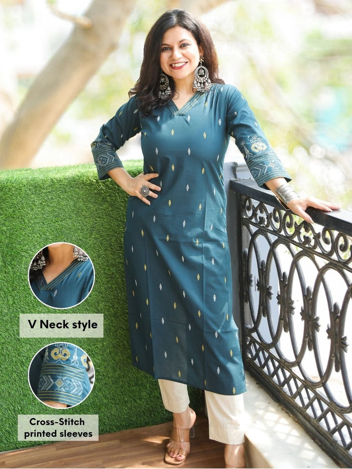 Pankhudi Bottle Green V Neck Printed Work Cotton Kurti