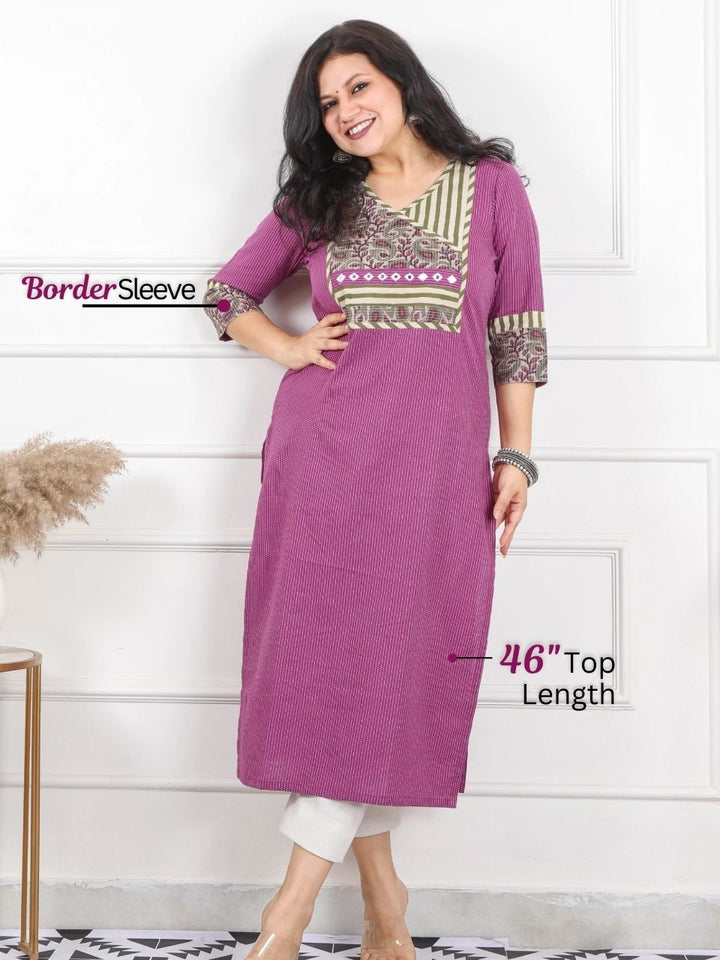 Hanniyaan Eggplant Purple Angrakha Neck Work Kantha Cotton Kurti