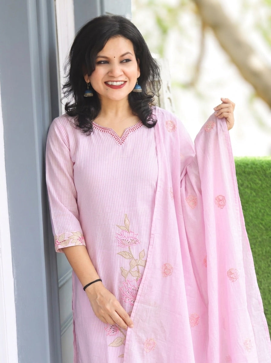 Surbhi Lavender Embroidered Hem Mul Cotton 3 Piece Set