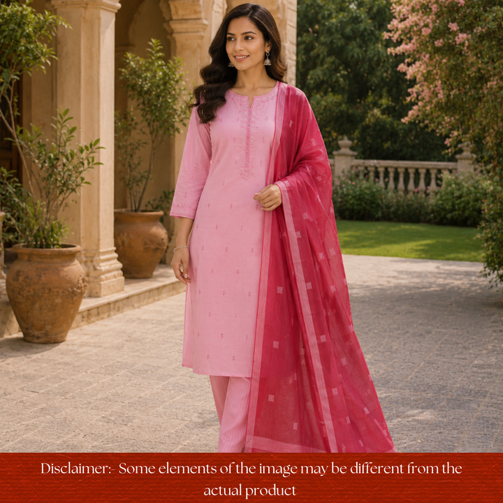 Bijuria Flamingo Pink All Over Thread Weaved Work in South Cotton Set