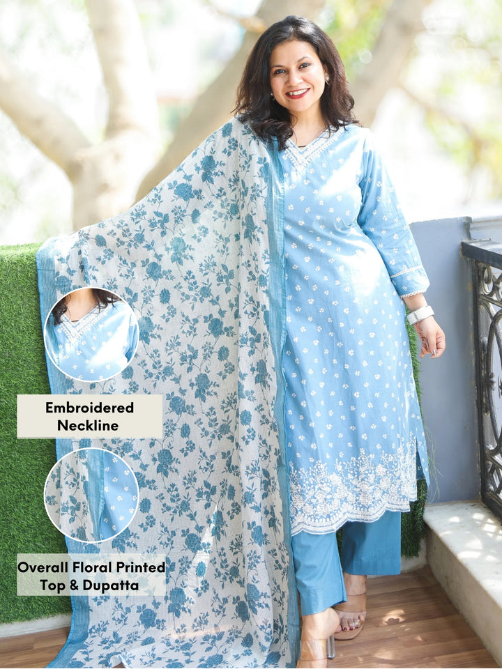 Chanda Cerulean Blue Embroidered V Neckline Floral Print Cotton 3 Piece Set
